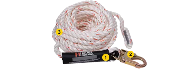 this vertical lifeline is made of a 5/8in 3 strand poly blend with a high endurance steel