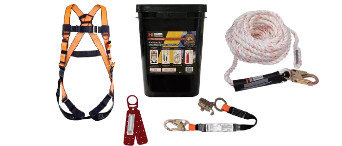 The H SERIES™ Roofer's Kit contains a vertical lifeline, rope grab with an energy-absorbing lanyard, roof anchor, and a safety harness, all available in one convenient package.