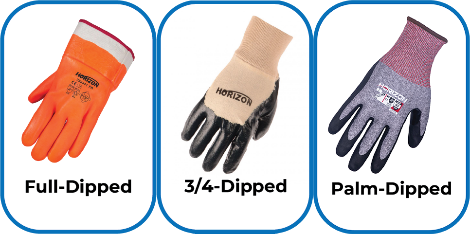 Glove coatings can be full dip, ¾ dip, or palm dip, depending on the use and protection the job calls for.