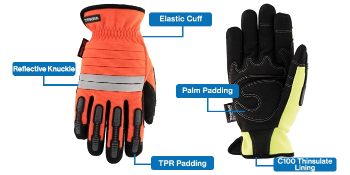 TERRA High Performance Winter Gloves offer mechanic style padding, retroreflective strips, TPR finger protection, padded palms, and c100 thinsulate lining to stay warm.