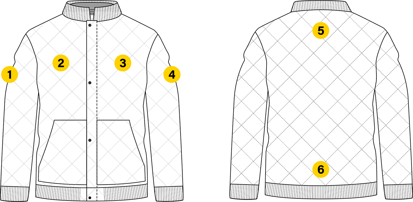 The image shows a TERRA quilted freezer jacket with various logo placement options labeled on the jacket. The options include the left chest, right chest, left sleeve, right sleeve, and back of the jacket. The logos can be embroidered or screen printed onto the jacket in any of these locations.