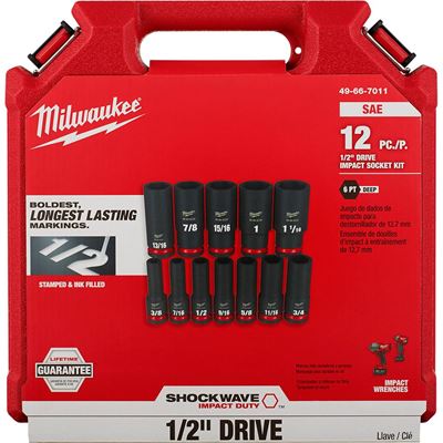 Picture of Milwaukee® 12 Piece SHOCKWAVE Impact Duty™ 1/2" Drive SAE Deep 6-Point Socket Set